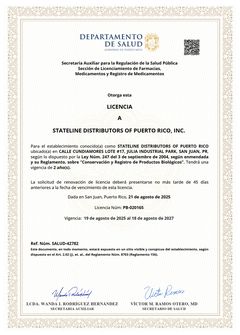 Puerto Rico Department of Health biological products license PB-020165 issued to Stateline Distributors of Puerto Rico, Inc.