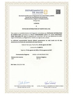 Puerto Rico Department of Health wholesale drug distributor license D-000772 issued to Stateline Distributors of Puerto Rico, Inc.